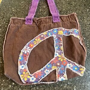 Retro Boho Brown and Purple Small Tote Bag Peace Sign Fringe Raw Hem Vintage